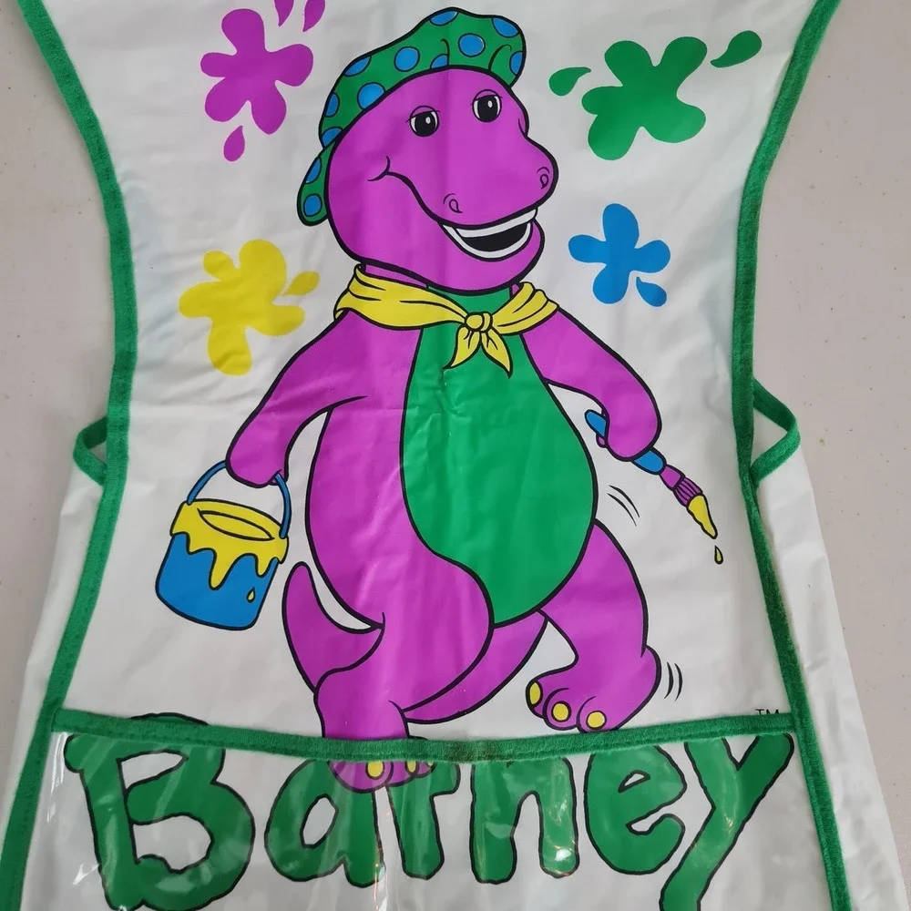 Vintage Barney Art Smock Bib Kids One Size Paint Apron Pocket Colorful 90s